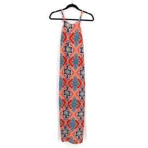 Collective Concepts Coral Blue Geometric Print Summer Maxi Dress Size Small